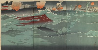 Nasza torpeda trafia w rosyjski okręt wojenny podczas wielkiej bitwy morskiej pod Port Artur, okres Meiji autorstwa Kiyochika Kobayashi