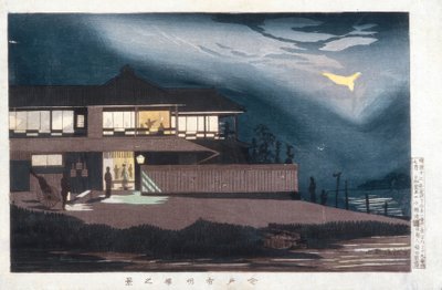 Widok domów rozrywki w Imado at Dawn autorstwa Kiyochika Kobayashi