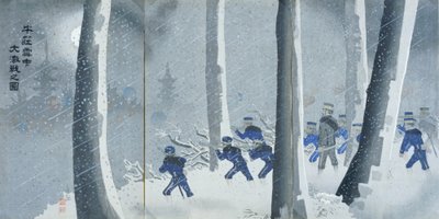 Gwałtowna bitwa na śniegu w pobliżu Niuzhuang, okres Meiji autorstwa Kiyochika Kobayashi