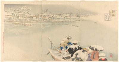 Drugi miesiąc: Wzgórze Matsuchi w śniegu o zmierzchu (Kisaragi, Matsuchiyama yuki no tasogare), z serii Prawdziwe widoki znanych miejsc w Tokio (Tokyo meisho shinkei no uchi). autorstwa Kiyochika Kobayashi