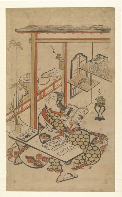 Kobieta przy stole, czytająca Narrację Genjiego. autorstwa Kiyomasu (I) , Torii (attributed to)