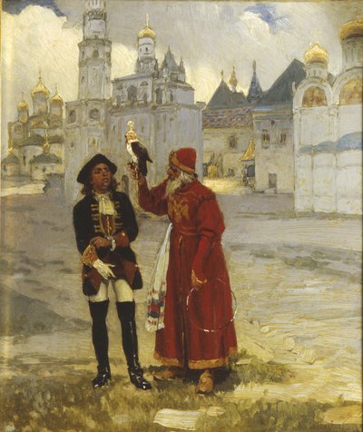 Młody Piotr I. i jego sokół, 1900 autorstwa Klavdi Vasilyevich Lebedev