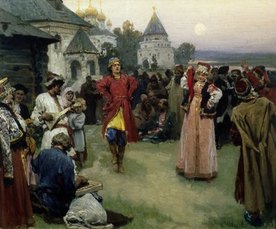 Taniec (kilka nowożeńców w tradycyjnym stroju tanecznym wśród tłumu wieśniaków o zmroku) (Taniec) - Obraz Klavdi Vasilyevich Lebedev (1852-1916), olej na tekturze (26x31 cm) autorstwa Klavdiy Vasilievich Lebedev