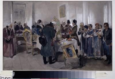 Sprzedaż aukcyjna niewolników. Wśród różnych przedmiotów (dywan, klatka dla ptaków, obrazy, książki i bibeloty) wystawiona jest na sprzedaż chłopska rodzina. Szlachta i właściciele ziemscy spacerują i obserwują, otoczeni autorstwa Klavdiy Vasilievich Lebedev
