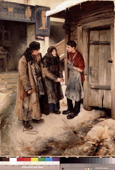 Wizyta rodziców u syna. (Rodzice odwiedzają syna). Spotkanie rodzinne na polnej ulicy, przed szyldem szewca. Syn ma na sobie fartuch rzemieślnika. Obraz Klavdi Vasilyevich Lebedev (1852-1916), olej na płótnie autorstwa Klavdiy Vasilievich Lebedev