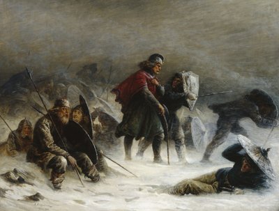 Król Sverre podczas zamieci w górach Voss autorstwa Knud Bergslien