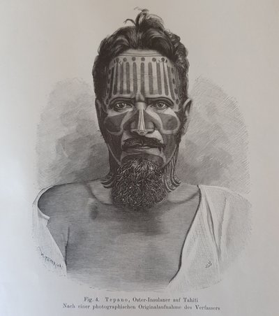 Juan Tepano, ilustracja z „O tatuowaniu wyspiarzy wielkanocnych”, autorstwa Hjalmara Stolpe autorstwa Knut Hjalmar (after) Stolpe