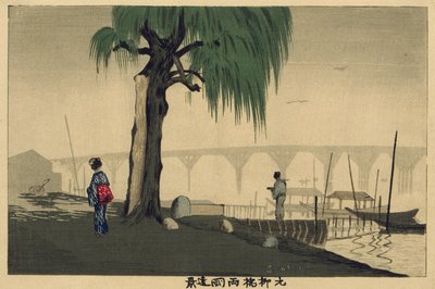 Daleki widok na Ryōgoku z mostu Motoyanagi autorstwa Kobayashi Kiyochika