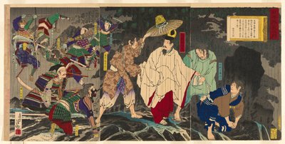 Ucieczka cesarza Godaigo z cyklu „Nieoficjalna historia Japonii (Nihon gaishi no uchi)” autorstwa Kobayashi Kiyochika