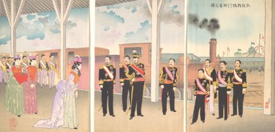 Ilustracja przedstawiająca przybycie cesarza na stację Shinbashi w ślad za triumfem zwycięstwa..., 1895. autorstwa Kobayashi Kiyochika