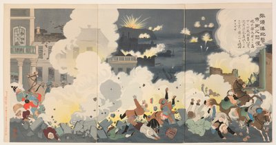 Panika na ulicach miasta podczas bombardowania Port Arthur autorstwa Kobayashi Kiyochika