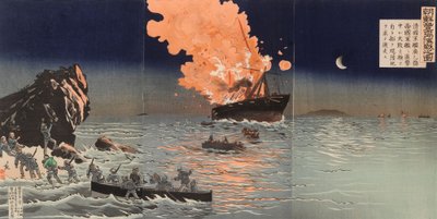 Ratunek z płonącego okrętu wojennego. Scena z wojny między Chinami a Japonią autorstwa Kobayashi Kiyochika