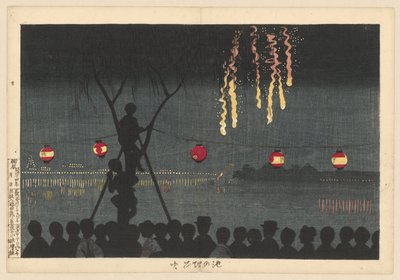 Fajerwerki w Ikenohata Fajerwerki na brzegu stawu Ikenohata hanabi (tytuł na obiekcie) autorstwa Kobayashi Kiyochika