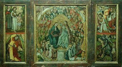 Koronacja Matki Boskiej; Chrzest Chrystusa; Śmierć św. Jana Chrzciciela; Św. Jerzy zabijający smoka (tryptyk) autorstwa Konrad von Friesach