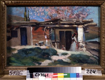 Krym, kwitnące drzewa migdałowe. (Krym, Kwitnące Drzewa Migdałowe). Młoda kobieta przed małym drewnianym domkiem, pod różowymi migdałowcami. Obraz Konstantina Aleksiejewicza Korovina (Constantin Korovin) (1861-1939), olej na płótnie autorstwa Konstantin Alekseevich Korovin