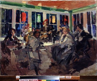 W kawiarni (w kawiarni). Kobiety siedzące przy wykuszu, oświetlone kolorowymi lampionami, w towarzystwie gitarzysty. Obraz Konstantina Aleksiejewicza Korovina (Constantin Korovin) (1861-1939), olej na płótnie autorstwa Konstantin Alekseevich Korovin