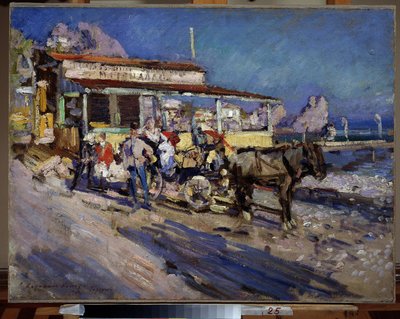 Gurzuf (Krym) (Gurzuf). Wioska portowa gniazduje w zagłębieniu zatoki, nad którą góruje góra niedźwiedzia. Obraz Konstantina Aleksiejewicza Korovina (Constantin Korovin) (1861-1939), olej na płótnie autorstwa Konstantin Alekseevich Korovin