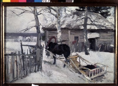 Zima (zima). Powóz konny na podwórzu drewnianego domu, na wsi, pod śniegiem. Obraz Konstantina Aleksiejewicza Korovina (Constantin Korovin) (1861-1939), olej na płótnie autorstwa Konstantin Alekseevich Korovin
