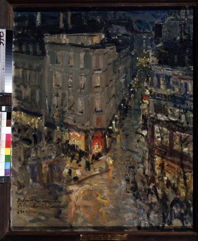 Paryż, Boulevard des Capucines (Paryż, Boulevard des Capucines). Widok na skrzyżowanie Boulevard des Capucines i Boulevard des Italiens, w letnią noc, zabudowa i gwar ulicy oświetlone światłami latarni. Obraz Konstantina Ale .a autorstwa Konstantin Alekseevich Korovin