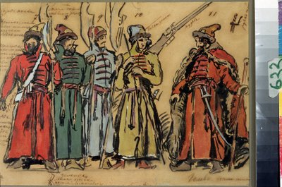Projekt kostiumów do opery Khovanshchina lub książąt Khovansky Modeste Musorgskiego (1839-1881) (projekt kostiumów do opery Khovanshchina M. Musorgskiego). Praca Konstantina Aleksiejewicza Korovina (Constantin Korovin) (1861-1939), akwarela, przejdź autorstwa Konstantin Alekseevich Korovin