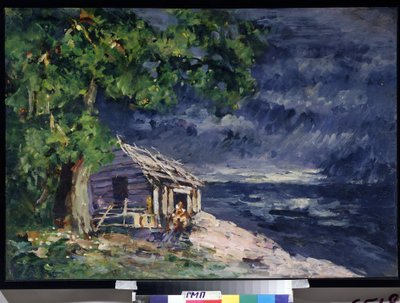 Projekt scenografii baletu Le Poisson Dore Ludwiga (Leon) Minkus (Scenografia do baletu Złota Rybka Ludwiga Minkusa) - Drewniana chata nad morzem - Praca Konstantina Aleksiejewicza Korowina (Konstantyna Korowina) (1861) -1939) , świątynia autorstwa Konstantin Alekseevich Korovin