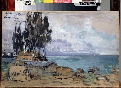 Scenografia do baletu Jezioro łabędzie Piotra Ilitcha Czajkowskiego (1840-1893) (Scenografia do baletu Jezioro łabędzie P. Czajkowskiego). Krajobraz, brzeg jeziora z kępą drzew. Grafika: Konstantin Aleksiejewicz Korovin (Constantin Koro .) autorstwa Konstantin Alekseevich Korovin