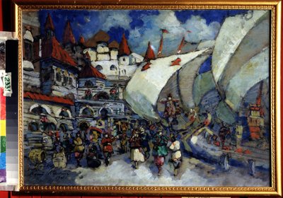 Scenografia do Opery Sadko autorstwa Mikołaja (Nikołaja) Rimskiego Korsakowa (Rimski-Korsakow) (1844-1908) (Scenografia do Opery Sadko autorstwa N. Rimskiego Korsakowa (Rimski-Korsakow). Opis miasta i drewnianej zabudowy dobudowanej animowane nabrzeże lub autorstwa Konstantin Alekseevich Korovin