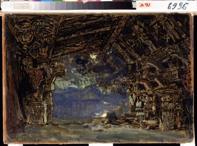 Scenografia do opery Zmierzch bogów Ryszarda Wagnera. (Scenografia do opery Zmierzch bogów R. Wagnera). Praca Konstantina Aleksiejewicza Korowina (Constantin Korovin) (1861-1939), tempera na tekturze autorstwa Konstantin Alekseevich Korovin