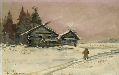 Pejzaż zimowy z dwiema drewnianymi chatkami (akwarela i olej na desce, montaż jako rysunek) autorstwa Konstantin Alekseevich Korovin