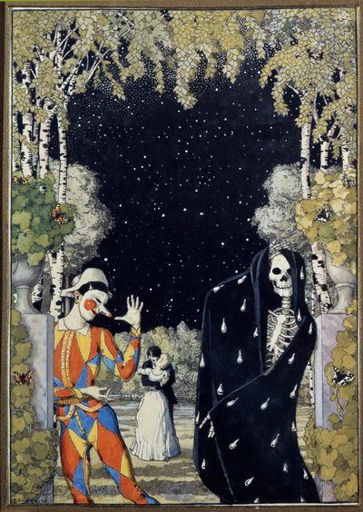 Arlekin i śmierć (Arlekin i śmierć) - Praca Konstantina Andreyevicha Somova (1869-1939), akwarela i gwasz na papierze autorstwa Konstantin Andreevic Somov