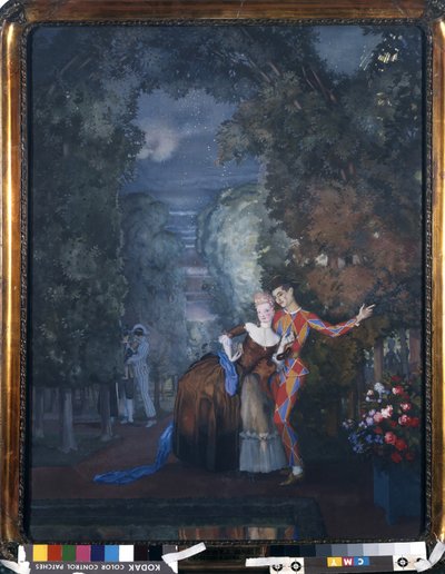 Arlekin i dama, 1912 (wc i gwasz na tekturze) autorstwa Konstantin Andreevic Somov