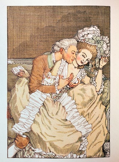 Ilustracja do „Le Livre de la Marquise” Franza Blei (Ilustracja do Księgi markizy Franza Blei) (marka przekomarzająca się z niecierpliwym kochankiem) - Praca Konstantina (Constantina) Andreyevicha Somova (1869-1939), akwaforta autorstwa Konstantin Andreevic Somov