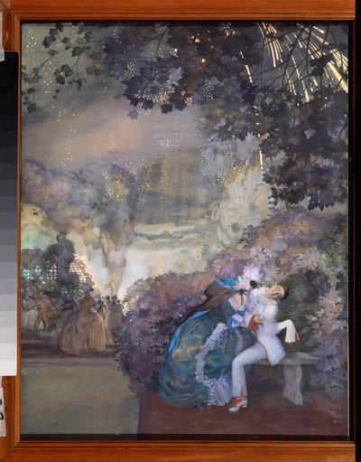 Pierrot i kobieta. (Flirtuje na balu maskowym). Praca Konstantina (Constantina) Andreyevicha Somova (1869-1939), gwasz na papierze autorstwa Konstantin Andreevic Somov