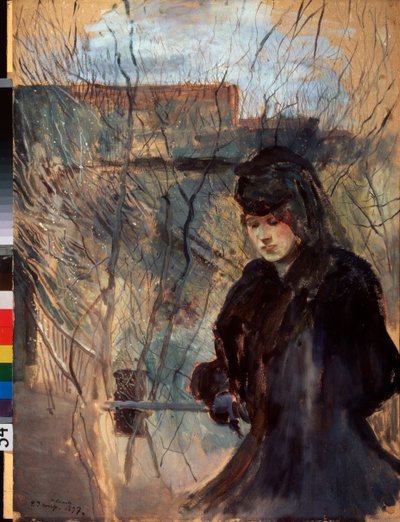 Printemps (Wiosna) (Kobieta ubrana na czarno, wyglądająca melancholijnie i patrząca w dół, oparta o cienką barierę) - Praca Konstantina (Constantina) Andreyevicha Somova (1869-1939), akwarela i gwasz na tekturze autorstwa Konstantin Andreevic Somov