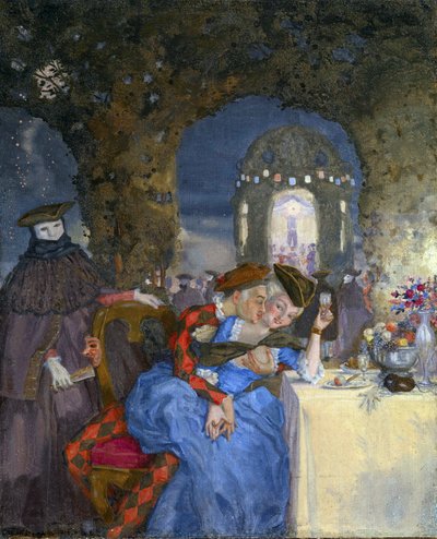 ""Rendez-vous"" Para przekomarzająca się na letniej imprezie pod okiem zamaskowanych postaci Obraz Konstantina Somova (1869-1939) - ok. 1918 - Olej na płótnie Wymiary wym. 27x22 cm Kolekcja prywatna autorstwa Konstantin Andreevic Somov