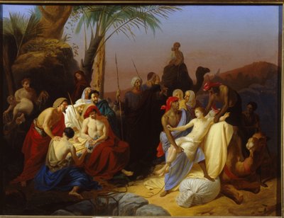 Sprzedaż Józefa. (Odcinek z Księgi Rodzaju, kiedy Józef zostaje sprzedany przez braci handlarzom niewolników. Obraz Konstantina Dmitriewicza Flawickiego (1830-1866), olej na płótnie autorstwa Konstantin Dmitrievich Flavitsky