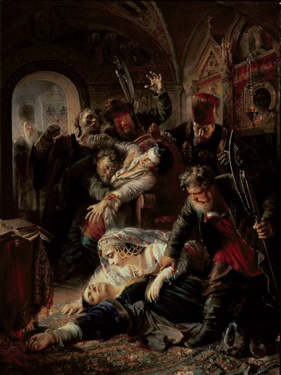 Najemni zabójcy zabijający syna cara Borysa Fiodorewicza Godunowa autorstwa Konstantin Egorovich Makovsky