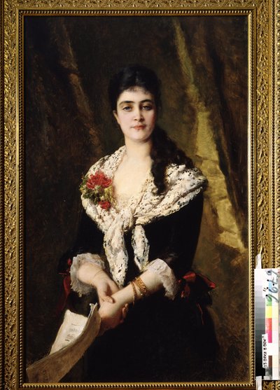 Portret śpiewaczki A. Panaeva Kartseva za rolę Tatiany w operze Eugeniusz Oneguine Piotra Czajkowskiego. (Portret śpiewaczki A. Panaevy Kartsevy jako Tatiany w operze Eugeniusz Oniegin P. Czajkowskiego). Obraz Konstantina Jegorovic autorstwa Konstantin Egorovich Makovsky