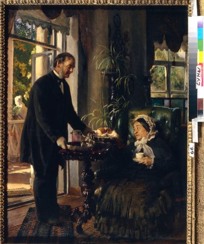Kasztanowa rezydencja. (Starsza pani bierze herbatę, podawaną przez służącego, który daje jej chleb i dżem). Obraz Konstantina Jegorowicza Makowskiego (Constantin Makovsky) (1839-1915), olej na płótnie autorstwa Konstantin Egorovich Makovsky