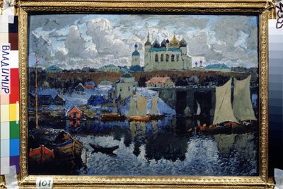 Most w Nowogrodzie (Rosja) (Nowogród, molo). Malarstwo Konstantina (Constantina) Iwanowicza Gorbatowa (1876-1945), olej na płótnie autorstwa Konstantin Ivanovich Gorbatov