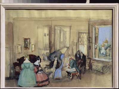 Scena ze sztuki teatralnej "Rewizor" Mikołaja Gogola (1809-1852) (Scena ze sztuki teatralnej Rewizor N. Gogola) - Dzieło Konstantego Iwanowicza Rudakowa (Konstantyna Roudakowa) (1891-1949) , akwarela i gwasz na papierze - Scenografia artystyczna autorstwa Konstantin Ivanovich Rudakov