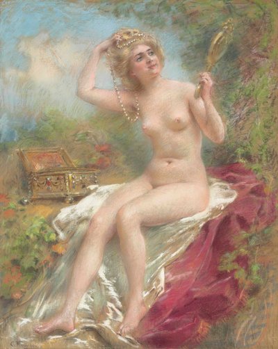 Siedzący akt patrzący w lustro autorstwa Konstantin Makovsky