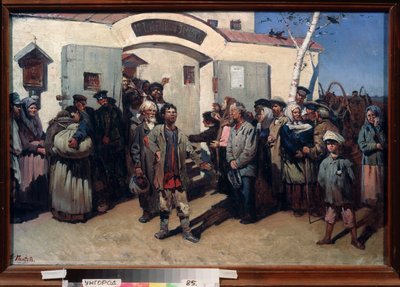Powrót do wolności. (Zwolnienie więźniów zakładu karnego, ich oczy utkwione są w niebo i czeka na nich poruszony tłum). Obraz Konstantina Pietrowicza Pyneeva (1868-1922), olej na płótnie. Sztuka rosyjska autorstwa Konstantin Petrovich Pyneev
