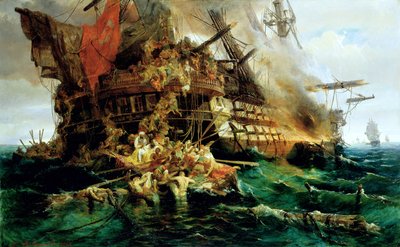 Turecki okręt wojenny w ogniu autorstwa Konstantinos or Constantin Bolanachi