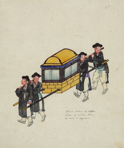 Czterech tragarzy niosących urzędnika w „gamie” lub palankinie, ok. 1890 r autorstwa Korean School