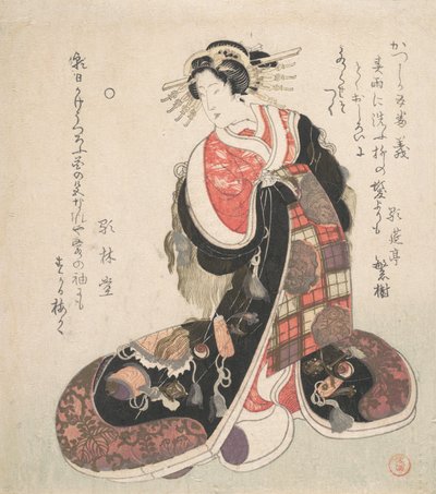 Kurtyzana ubrana w kunsztowną suknię wyszywaną emblematami szczęścia, ca. 1800. autorstwa Kubo Shunman