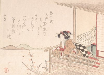 Kurtyzana oparta o balustradę werandy, prawdopodobnie 1816 r. autorstwa Kubo Shunman