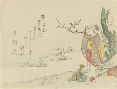 Podróżująca kobieta zatrzymuje się, by posłuchać gajówki, 1797. autorstwa Kubo Shunman