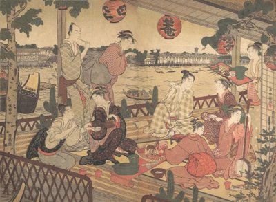 Dwóch młodych mężczyzn i kilka kobiet jedzących w herbaciarni nad brzegiem rzeki Sumida, ok. godz. 1788. autorstwa Kubo Shunman