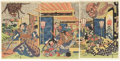 Minamoto no Yorimitsu and His Retainers Defeat the Earth Spider, ok. 1804-1818 (drzeworyt (nishiki-e); tusz i kolor na papierze) autorstwa Kuninaga Utagawa